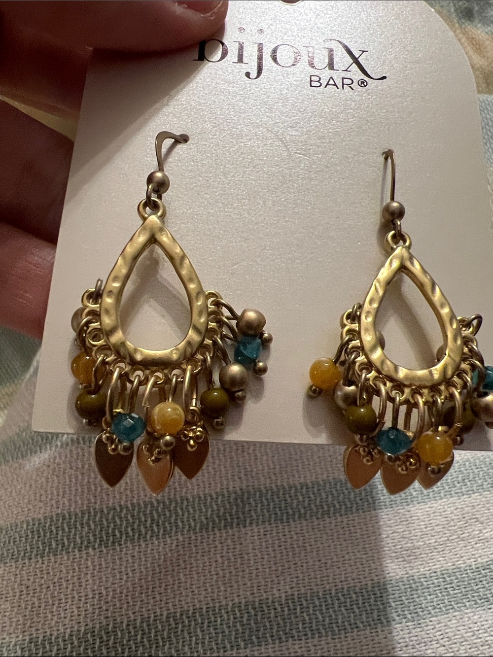3/$18 Gold Teardrop Dangle Earrings with Teal and Amber Beads Lot 6038